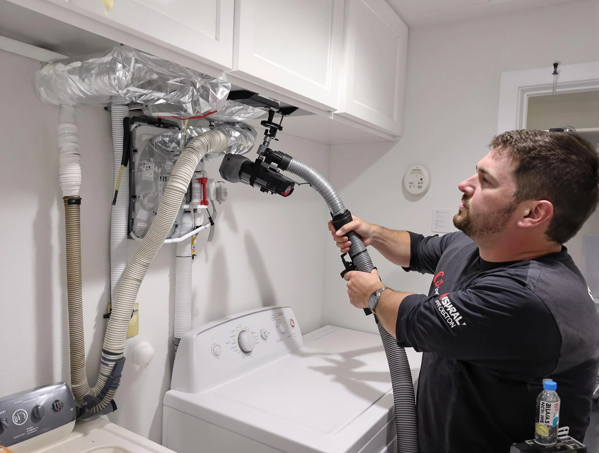 North Valley Dryer Vent Cleaning certified technician performing safety-focused gas dryer vent cleaning in North Valley