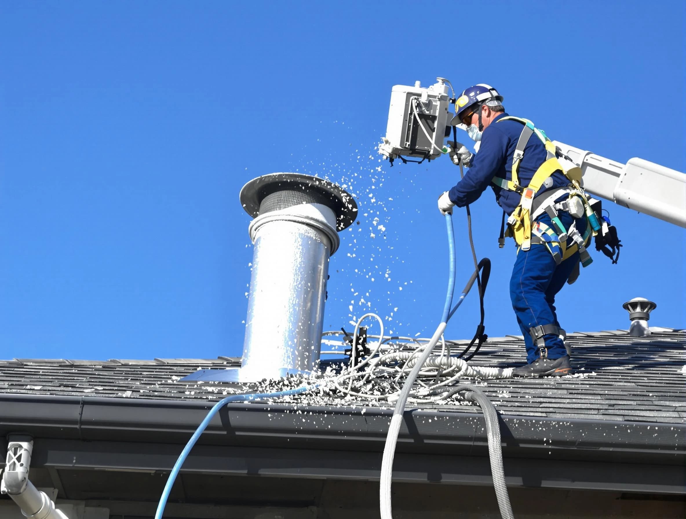 North Valley Dryer Vent Cleaning certified technician safely cleaning a roof-mounted dryer vent in North Valley