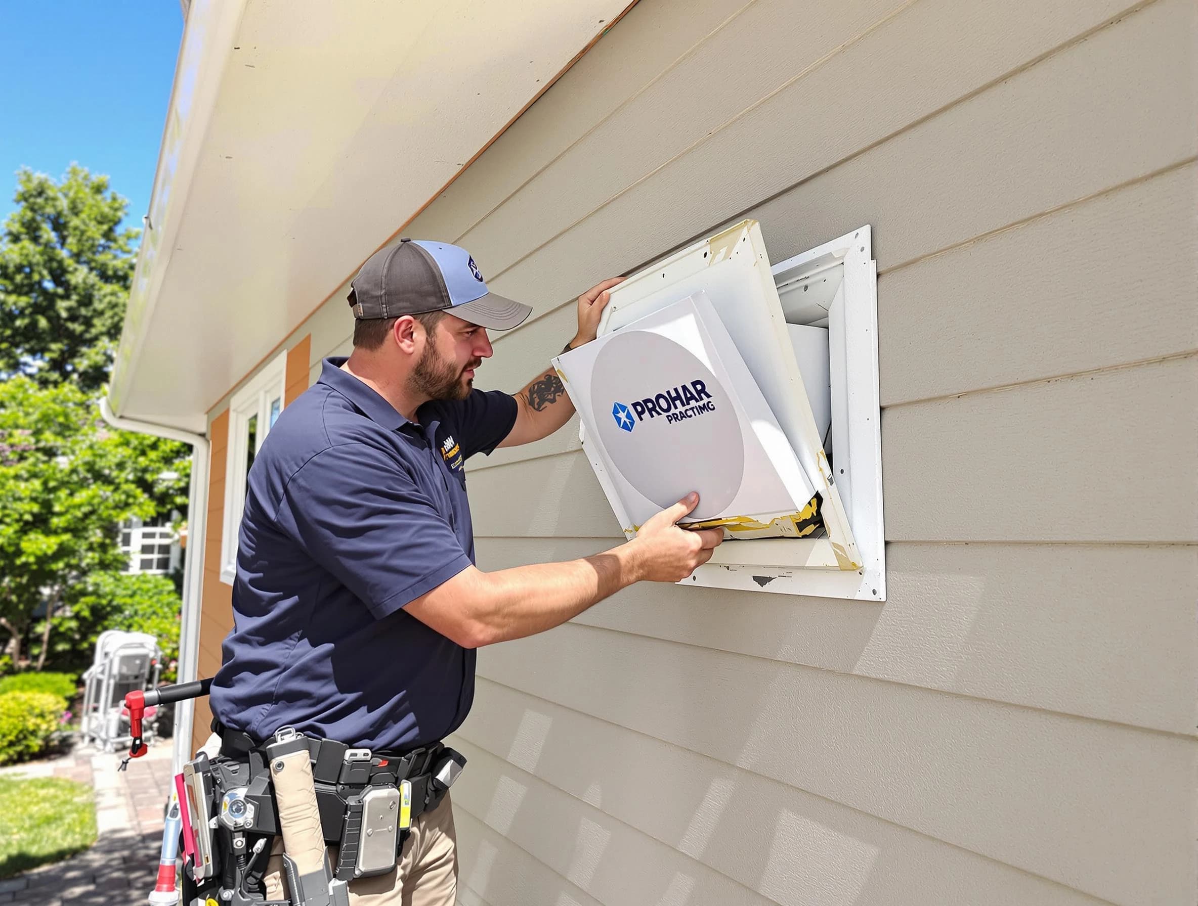 North Valley Dryer Vent Cleaning technician installing a new protective dryer vent cover on a home in North Valley