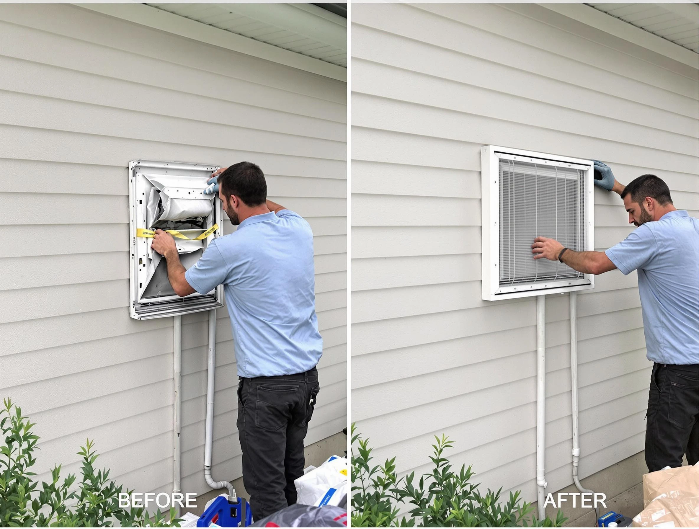North Valley Dryer Vent Cleaning technician installing high-quality dryer vent cover at a residential property in North Valley
